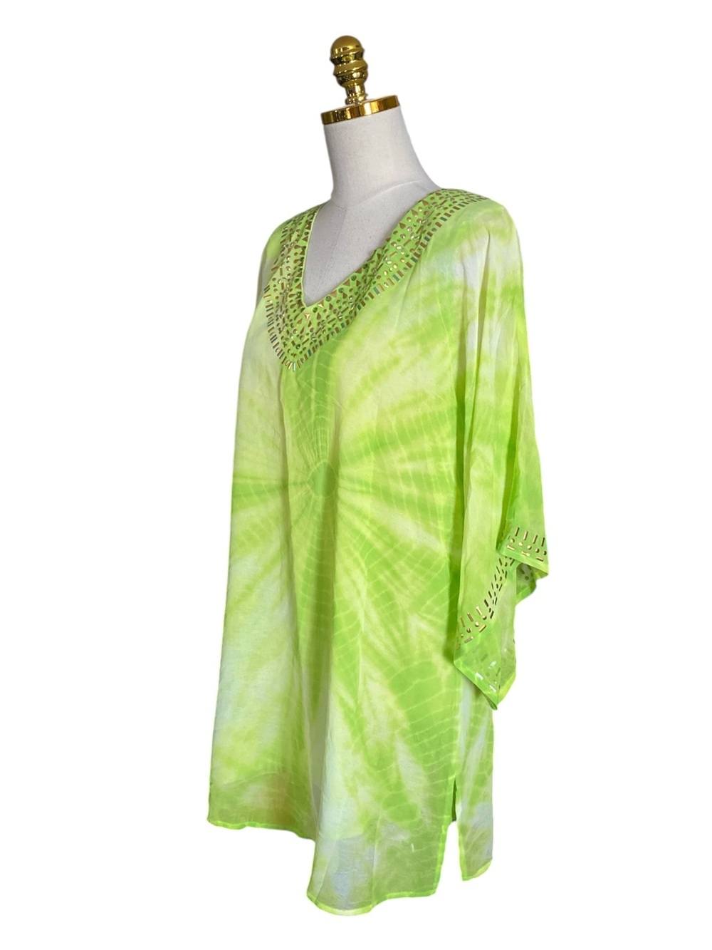 Diane Gilman Lime Green Tie-Dye Beaded V-Neck Kaftan Beach Resort Vacation Top M - Picture 7 of 14